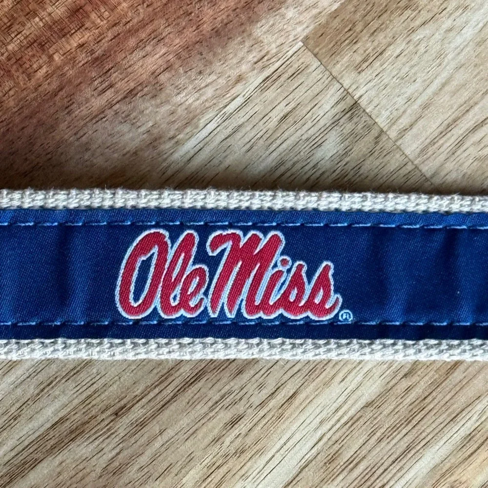 ZEP-PRO Ole Miss Rebels Men 34 Ribbon Belt Navy Tan Leather Brass USA Made NEW